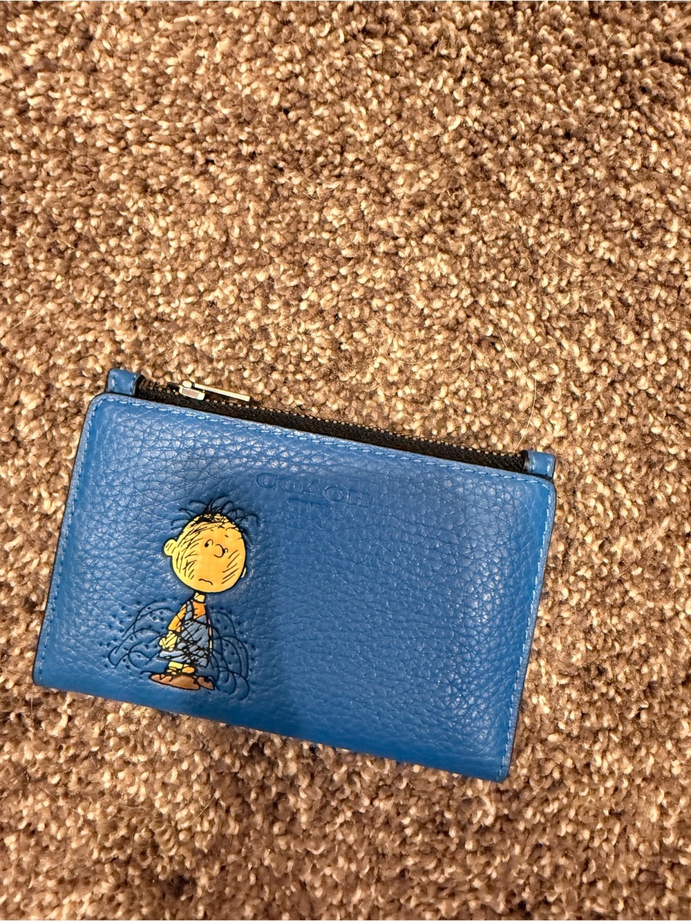 Coach Blue Leather Zip Card Case with Pig-Pen Character from Charlie Brown.
